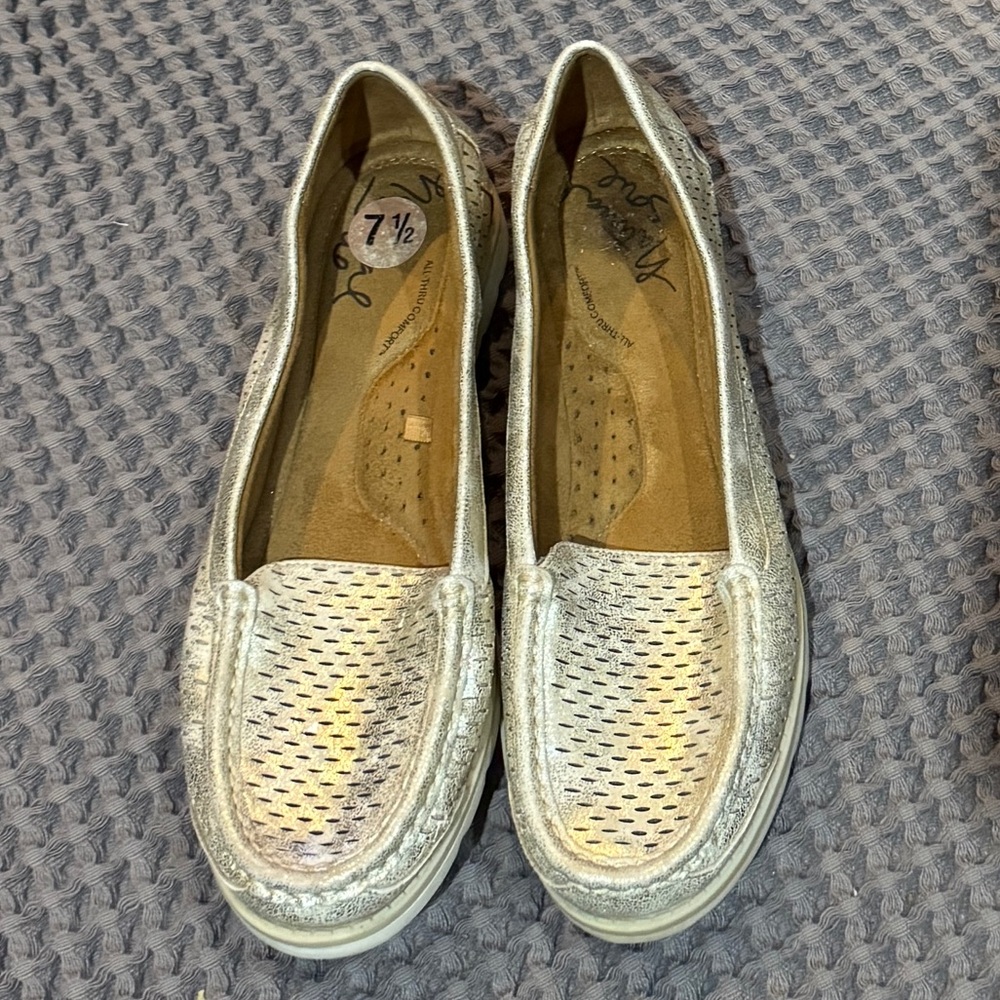 Natural Soul Metallic Silver Perforated Slip-On Loafers by Naturalizer